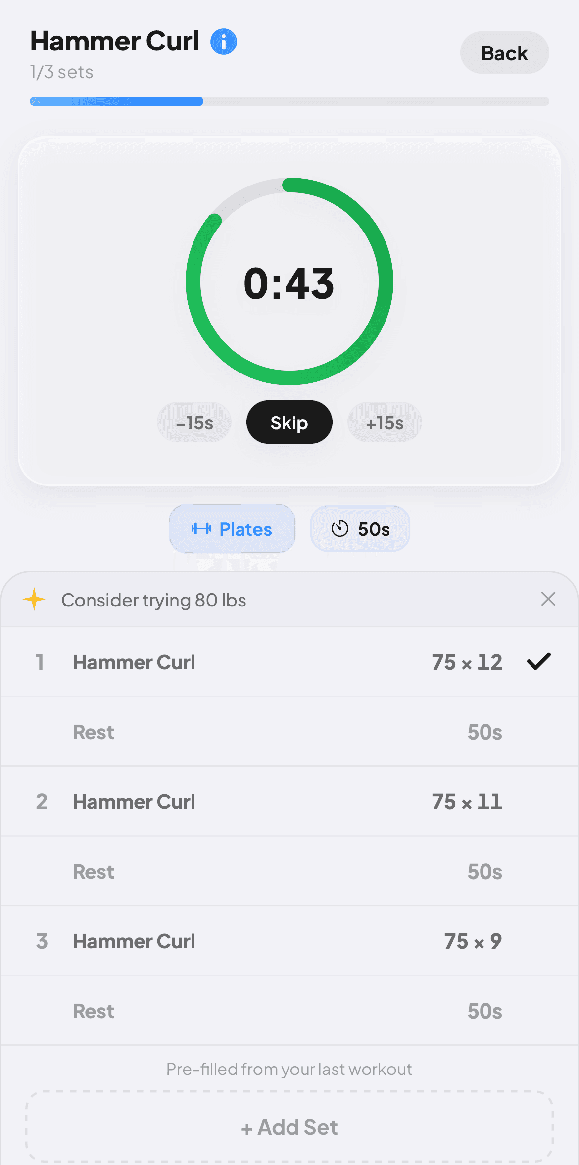 Rest timer countdown between sets